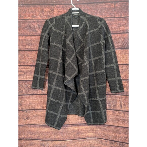 Eileen Fisher Petite Open Front Cardigan 100% Merino Wool Windowpane Plaid Sz PP - Picture 1 of 8